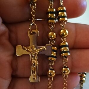 Gold and Black Beaded Cross Necklace Rosary